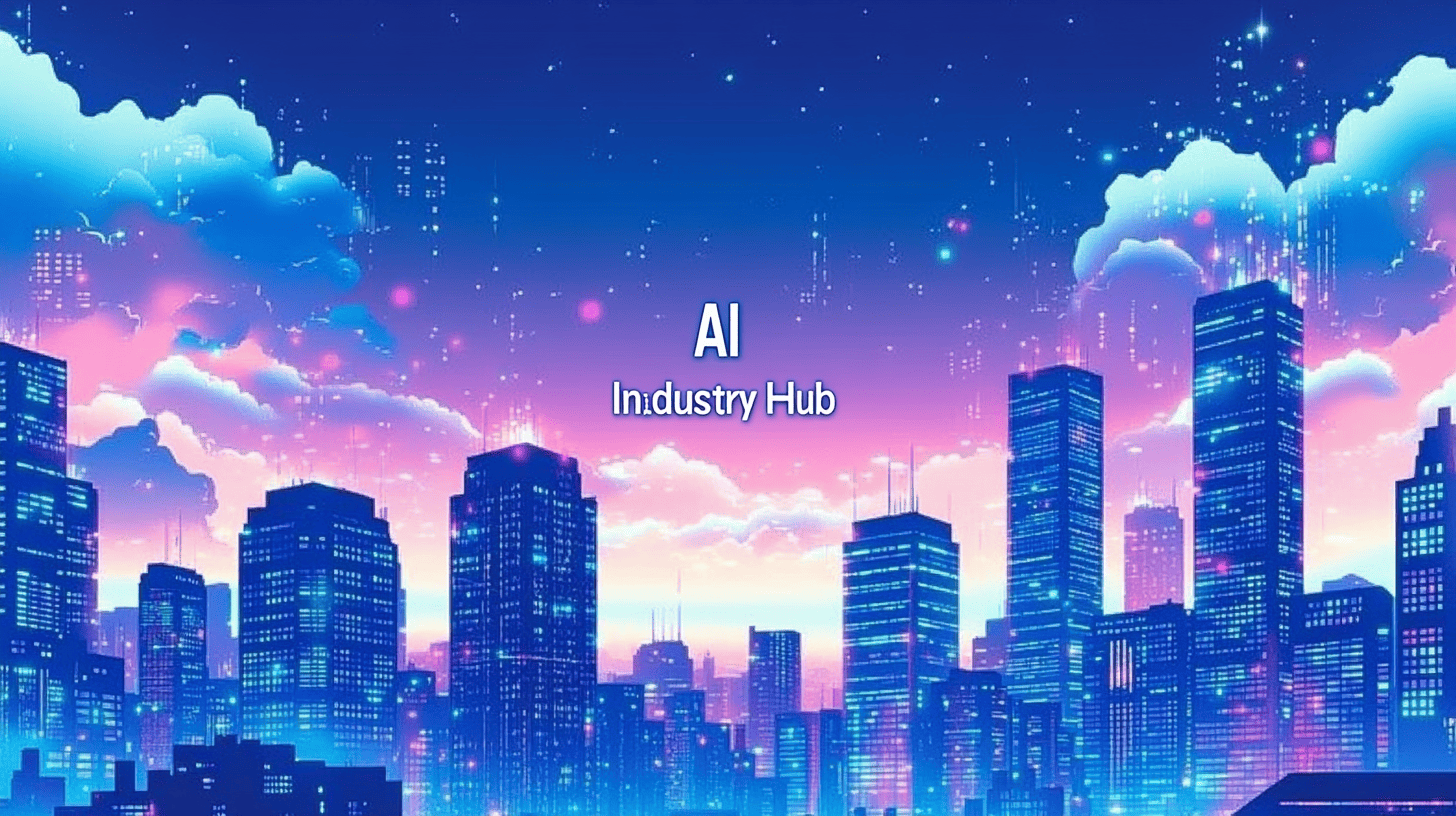 A vector illustration of a modern city business district with skyscrapers, stylized digital clouds, robotic AI data conduits on the buildings, and a sign saying 'AI Industry Hub'.