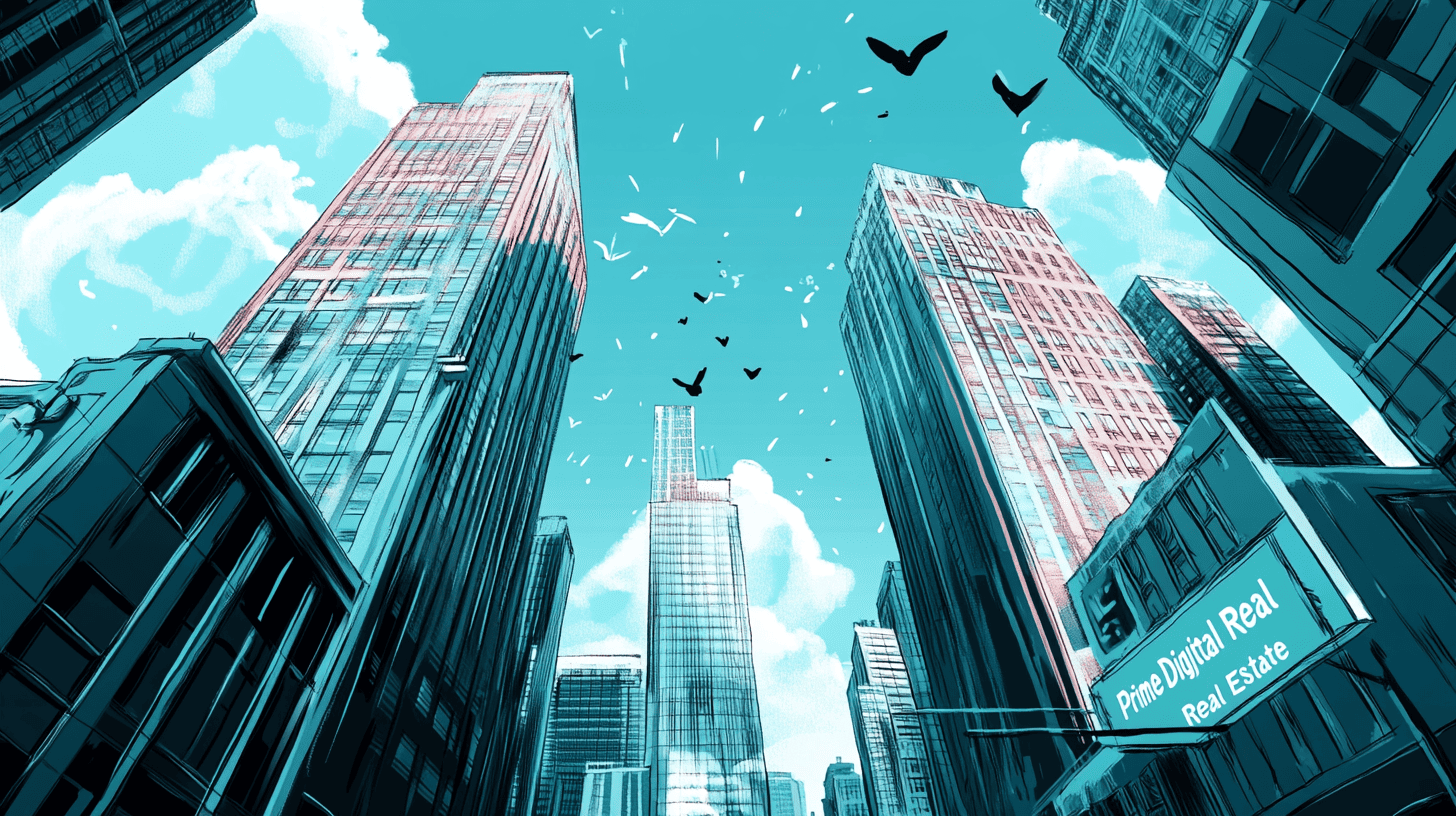 A vector illustration of a financial district skyline with stylized clouds and geometric birds, featuring sleek mechanical AI structures on skyscraper facades, and a sign saying 'Prime Digital Real Estate'.