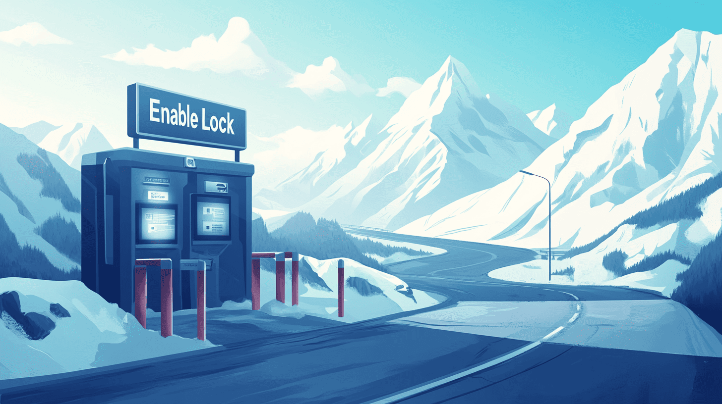 A vector illustration of a futuristic mountain pass border checkpoint with snow-capped peaks, winding roads, mechanical AI verification terminals integrated into barriers, and a sign saying 'Enable Lock'.