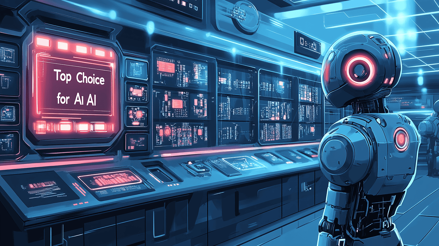 A vector illustration of a futuristic digital marketplace with glowing data streams, abstract digital structures, sleek mechanical AI trading bots integrated into market stalls, and a sign saying 'Top Choice for AI'.