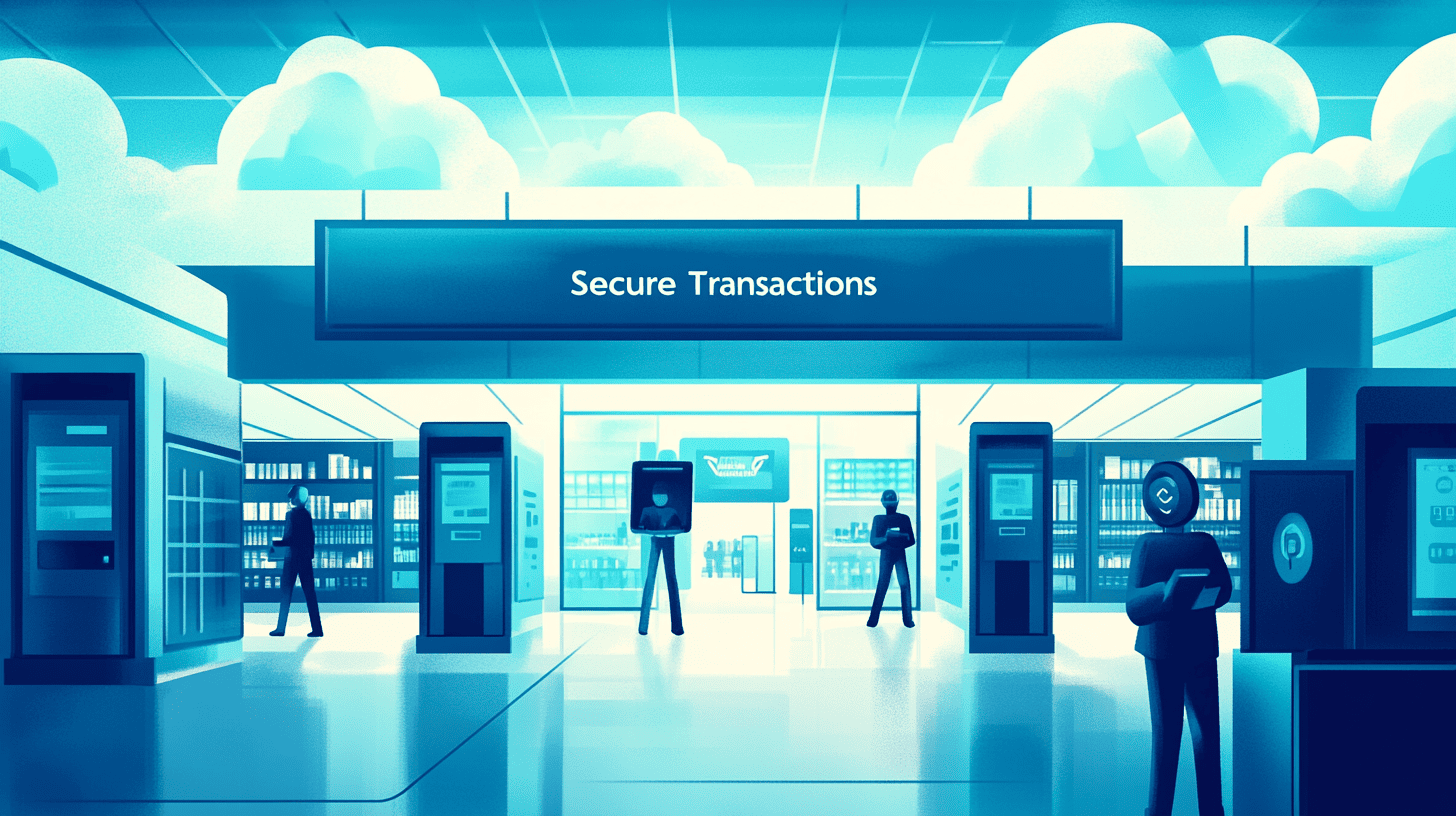 A vector illustration of a futuristic digital marketplace plaza with stylized digital storefronts and data clouds, featuring sleek mechanical AI assistants at secure transaction kiosks, and a sign saying 'Secure Transactions'.
