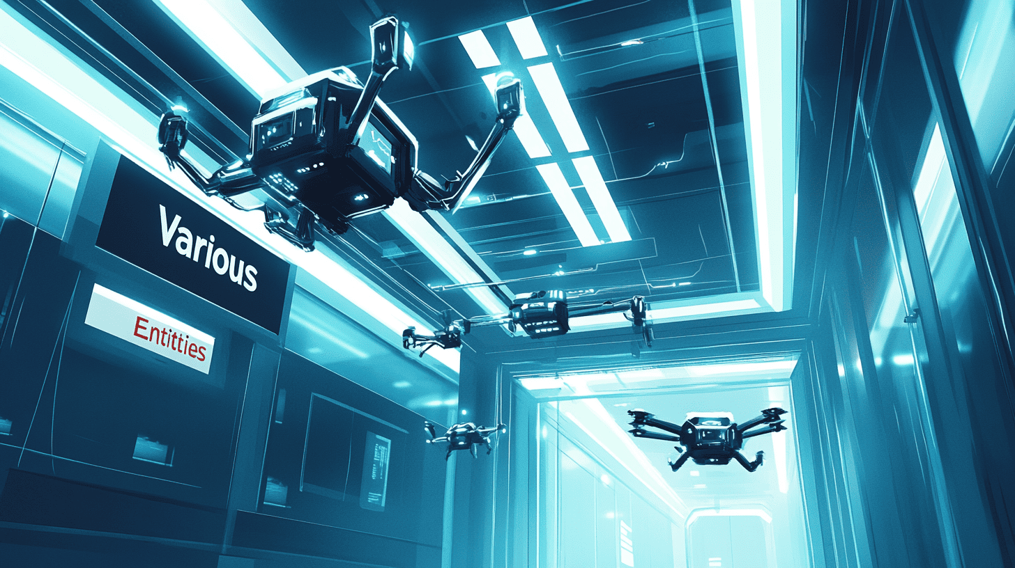  A vector illustration of a high-tech digital vault with stylized data streams and light patterns, featuring sleek mechanical AI security drones in the ceiling, and a sign saying 'Various Entities'.