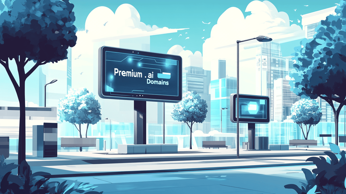 A vector illustration of a modern city square with stylized trees and clouds, featuring sleek mechanical AI structures on digital billboards, and a sign saying 'Premium .ai Domains'.