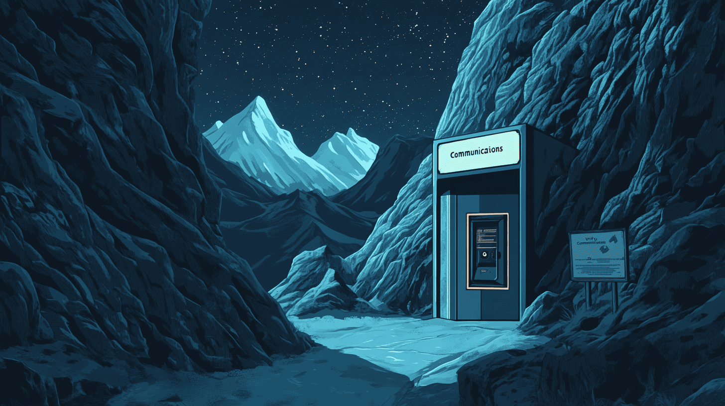 A vector illustration of a secure digital vault entrance in a mountainside with integrated mechanical AI scanners, rugged peaks under a starry sky, and a sign saying 'Verify Communications'.