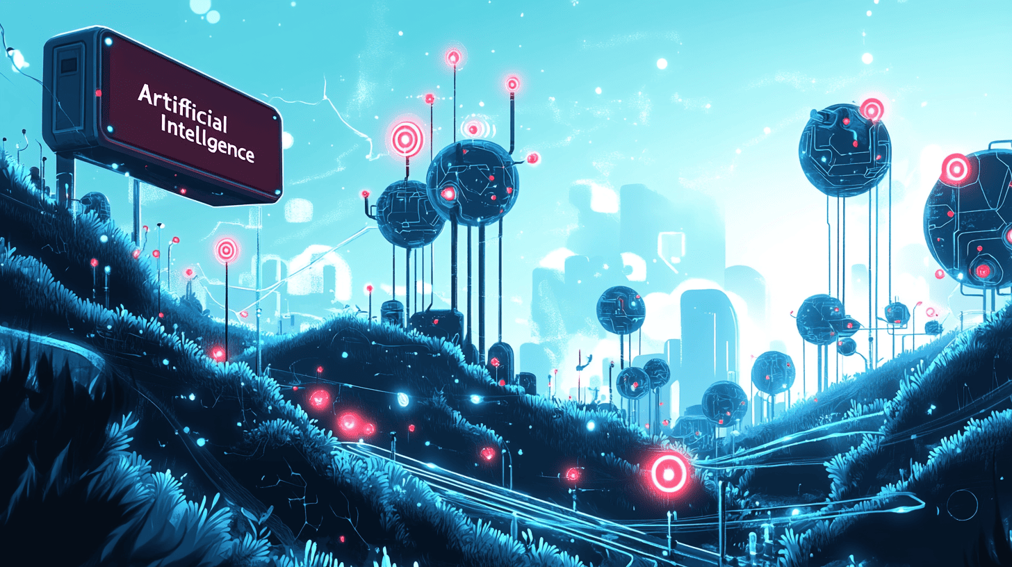 A vector illustration of a vast digital landscape representing the 'world of AI' with digital hills, flowing data streams, abstract shapes, mechanical AI neural networks integrated into the hills, and a sign saying 'Artificial Intelligence'.