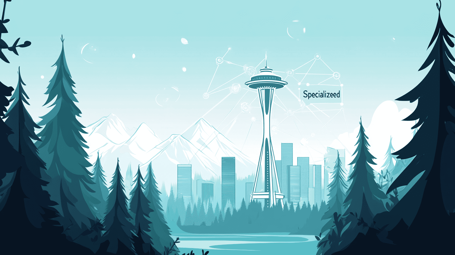 A vector illustration of the Seattle skyline featuring the Space Needle, Puget Sound waters, evergreen trees containing subtle mechanical AI network nodes, and a sign reading 'Specialized'.
