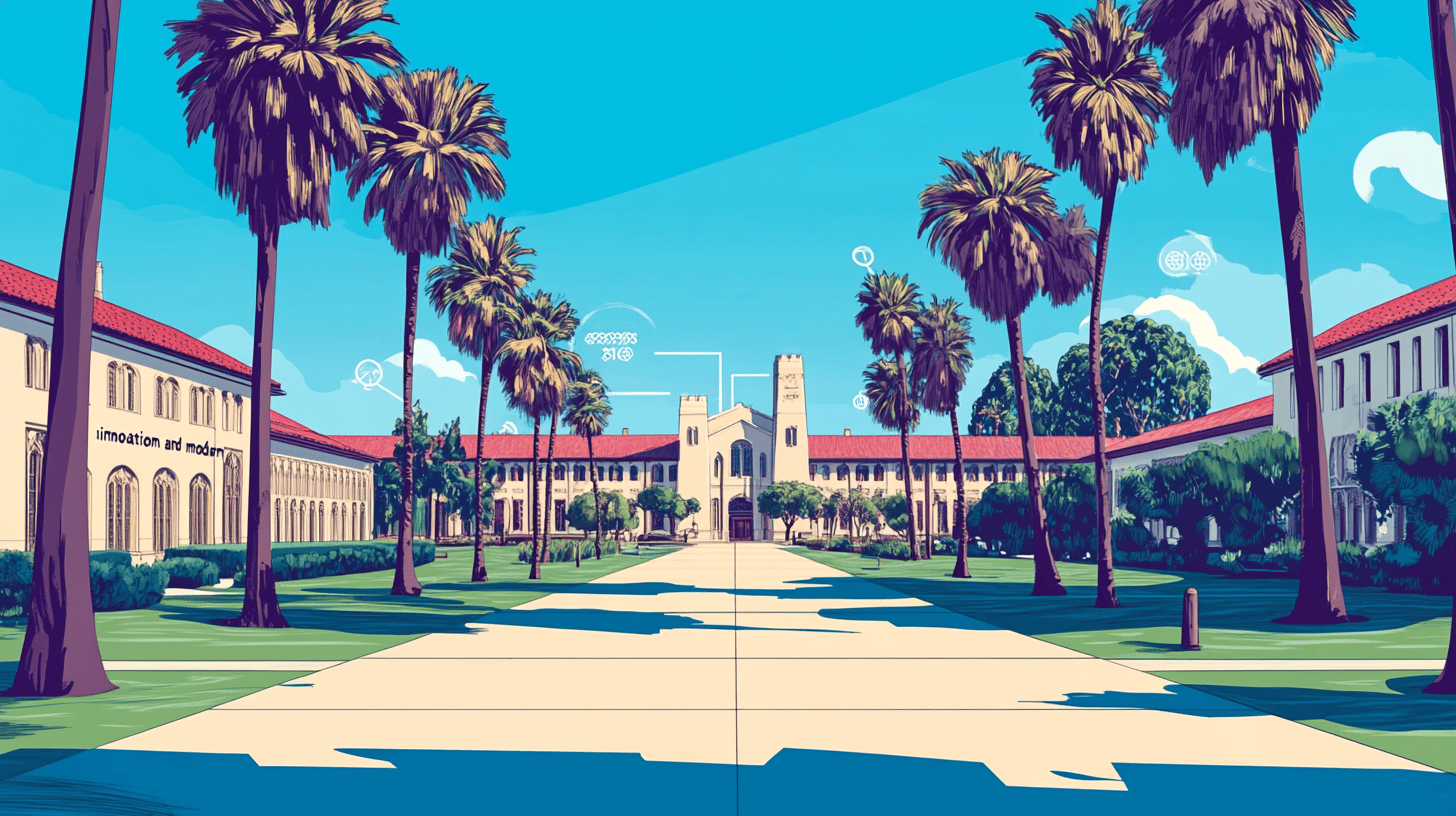 A vector illustration of the Stanford University campus featuring palm trees, green lawns, subtle mechanical AI data nodes integrated into the palm trees, and a sign reading 'innovation and modernity'.