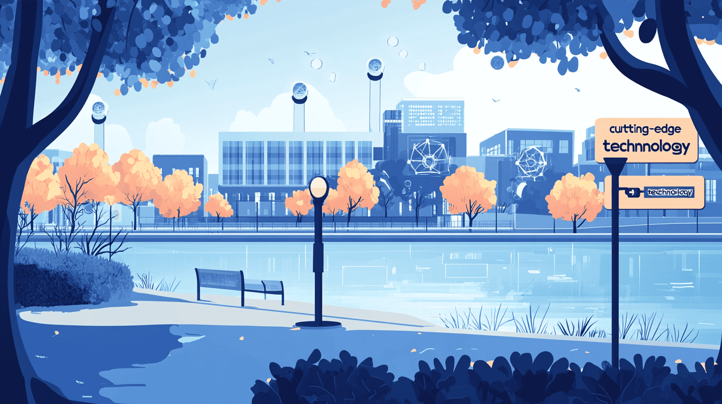 A vector illustration of the MIT campus in Cambridge featuring the Charles River, campus trees with subtle mechanical AI research nodes integrated among them, and a sign reading 'cutting-edge technology'.