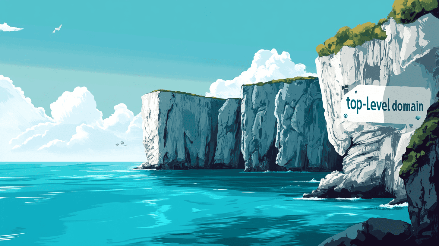 A vector illustration of Anguilla's coastal cliffs and turquoise sea, with subtle mechanical AI network hubs integrated into the rocks, and a sign reading 'top-level domain'.