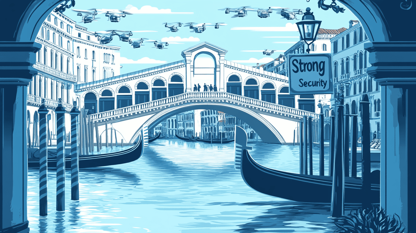 A vector illustration of Venice's Grand Canal with gondolas, calm waters, mechanical AI verification drones integrated into bridge arches, and a sign saying 'Strong Security'.