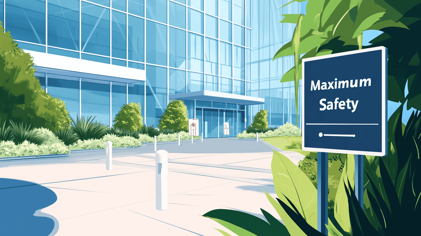 A vector illustration of a modern corporate campus plaza with manicured lawns, reflective glass buildings, mechanical AI security checkpoints integrated into the planters, and a sign saying 'Maximum Safety'.