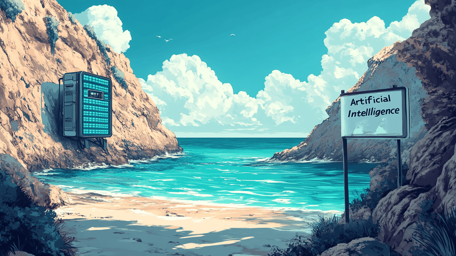 A vector illustration of Anguilla's serene coastline with turquoise water, cliffs, futuristic mechanical AI server racks integrated into the rocks, and a sign saying 'Artificial Intelligence'.