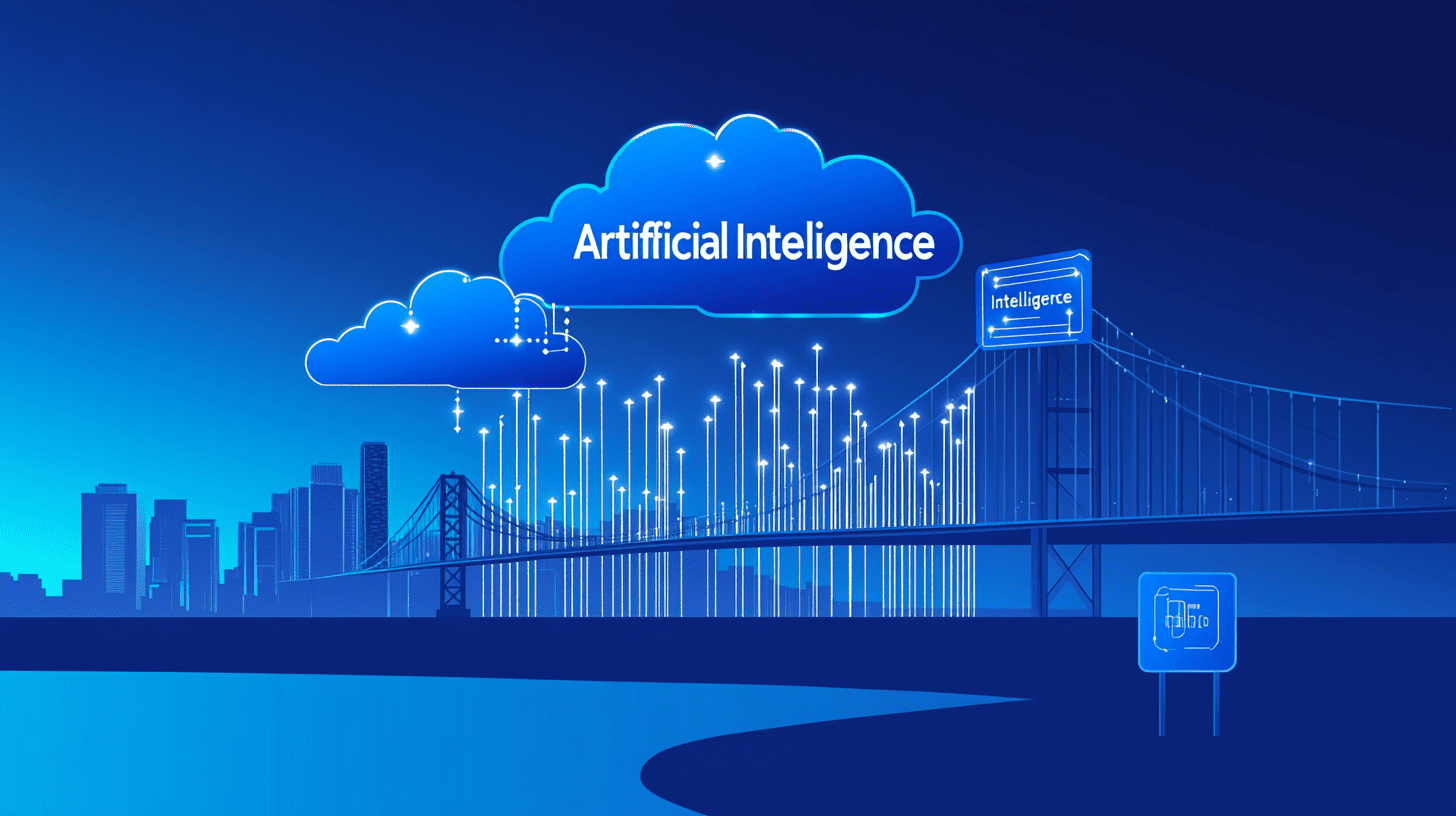 A vector illustration of the San Francisco skyline at dusk featuring the Golden Gate Bridge, calm bay waters, sleek mechanical AI data streams integrated into the clouds above the bridge, and a sign reading 'Artificial Intelligence'.